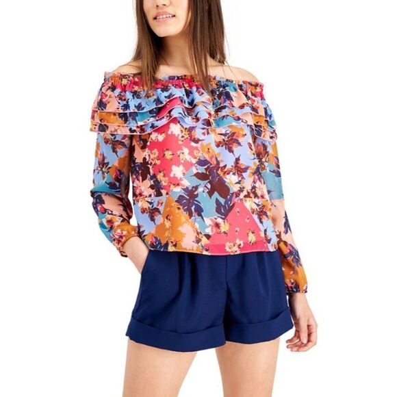 Bar III Off The Shoulder Blouse Top Women's SMALL Pink Blue White Floral Ruffles - Picture 10 of 11